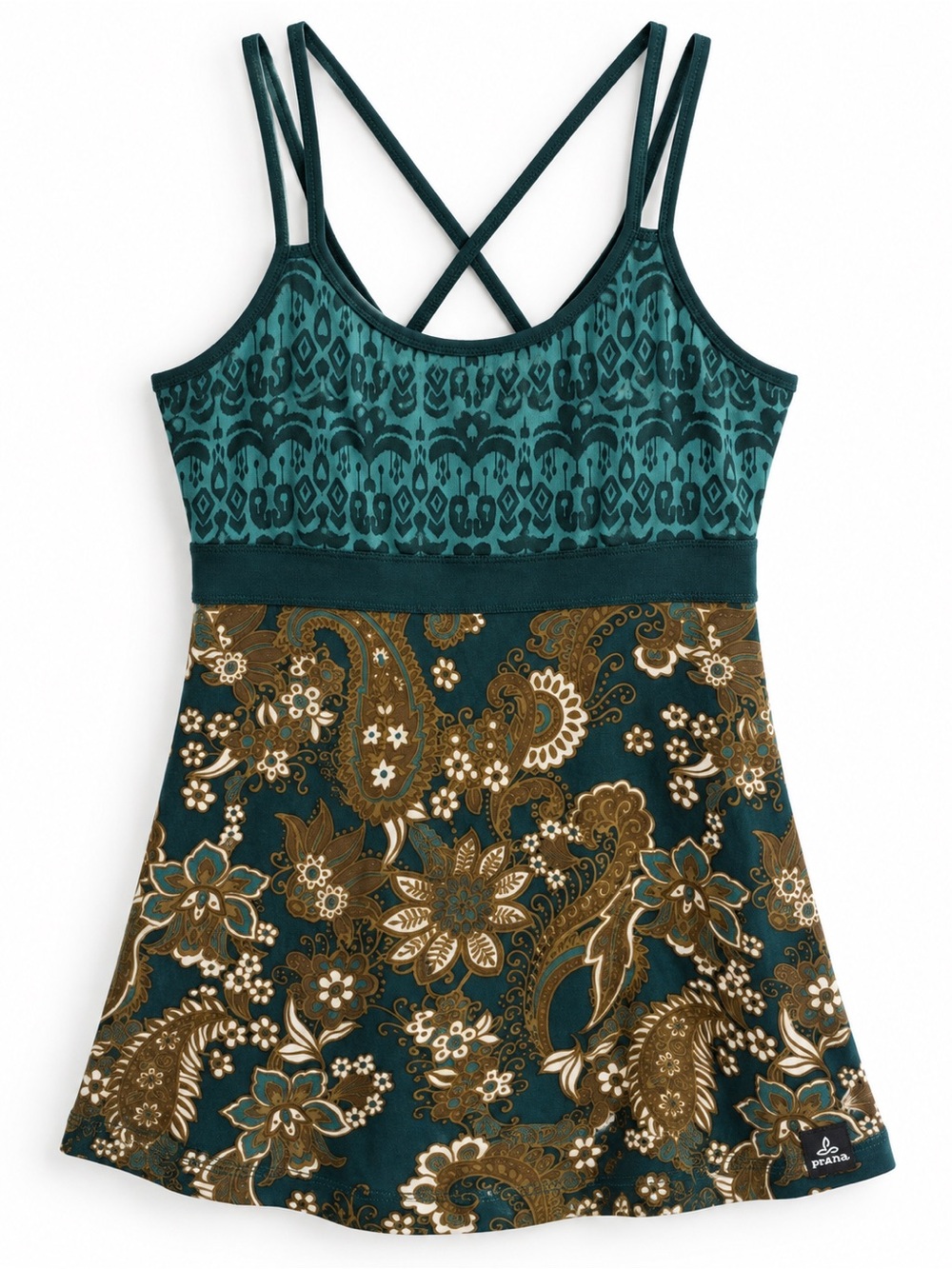 prAna Teal Paisley Strappy Yoga Tunic Tank M Built In Bra Boho Athleisure
